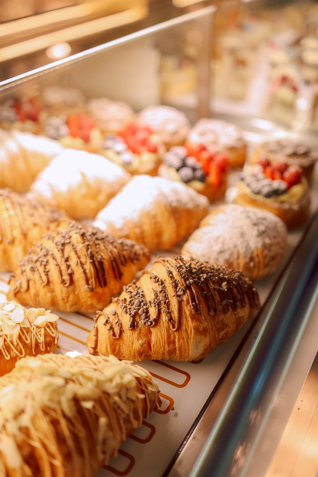 Fresh pastries in a bakery display