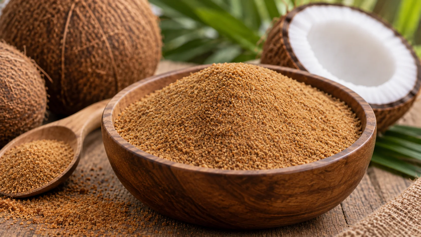 Brown coconut sugar granules in a wooden bowl