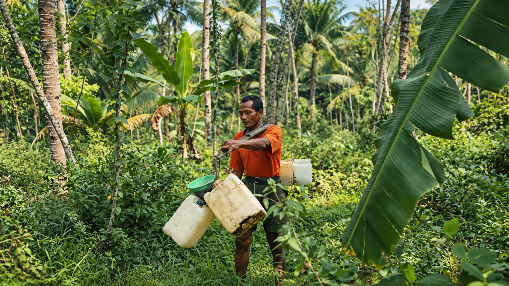 Indonesian farmer working in a coconut grove