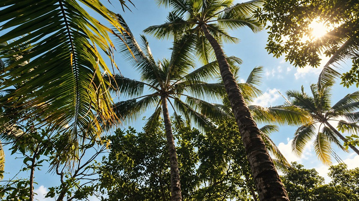 Coconut palms reaching toward the sky in Indonesia