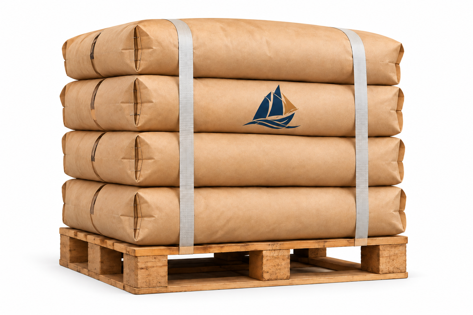 Illustrative 25 kg coconut sugar bags stacked on a wooden pallet