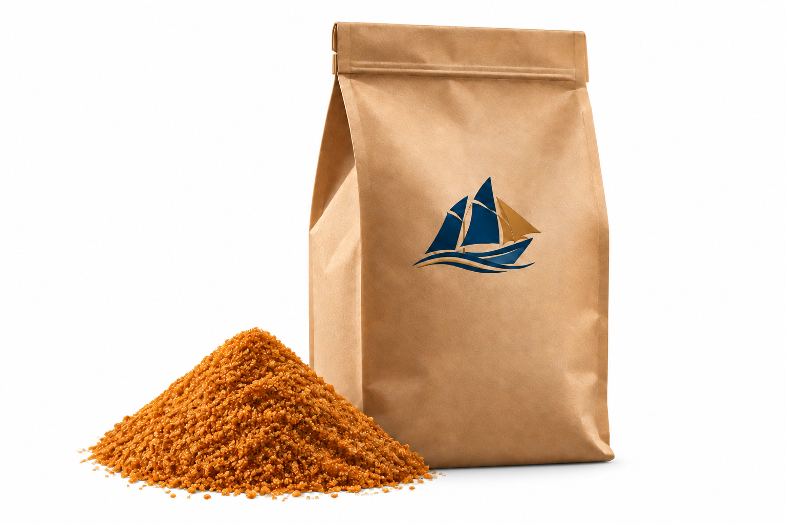 Illustrative private-label coconut sugar pouch with a small mound of coconut sugar